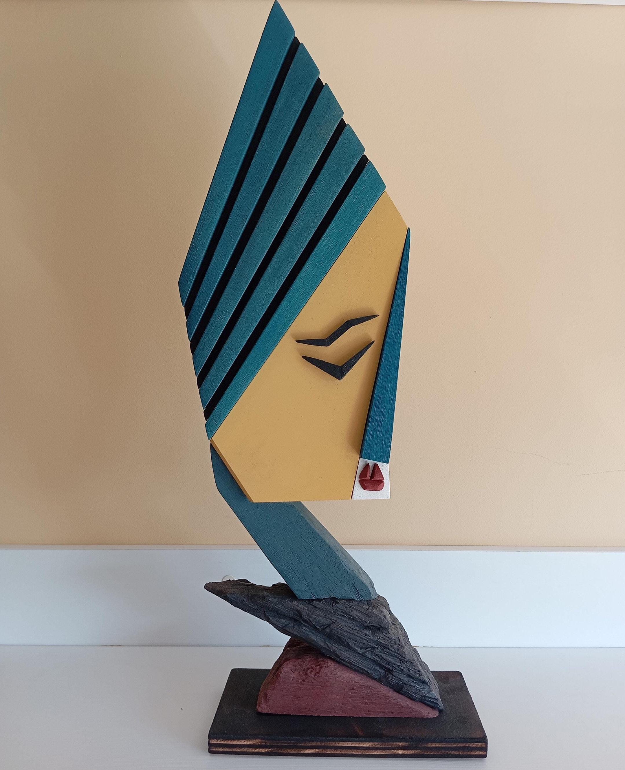 彫刻・オブジェ AUMBAK CrystalCube S Long size Lady's Cubist Wood Woman Sculpture, Abstract Handmade Statue