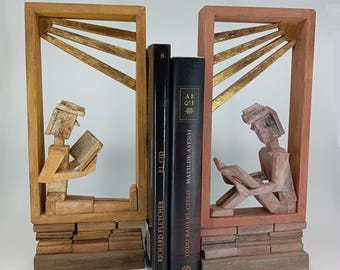 Reading Couple Bookends, Set of two Wooden Sculptures, Decorative Figurines, Gift Ornament