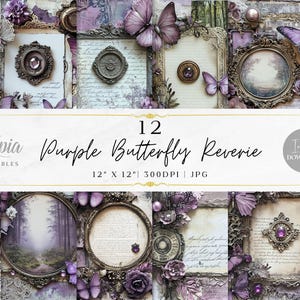 Purple Butterfly Collage Junk Journal Vintage Scrapbook Paper | Fantasy | Digital Paper Pack | Printable Backgrounds | Instant Download