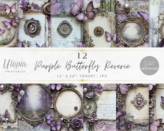 Purple Butterfly Collage Junk Journal Vintage Scrapbook Paper | Fantasy | Digital Paper Pack | Printable Backgrounds | Instant Download