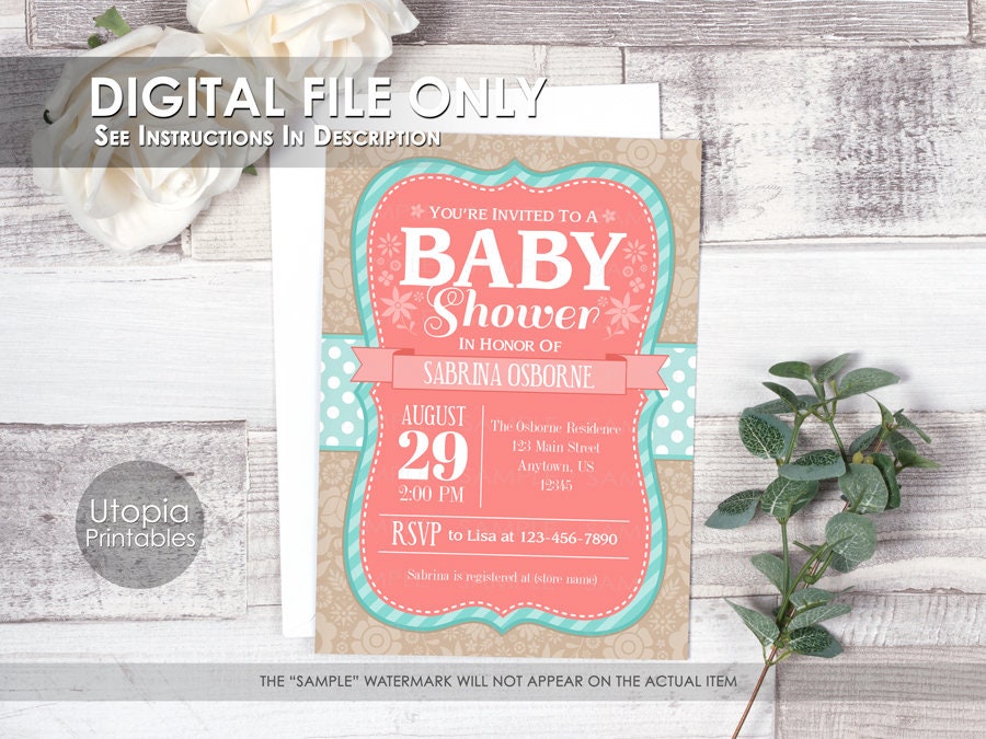 Teal Coral Baby Shower Invitation Country Rustic Cute Floral Etsy
