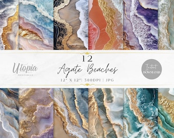 Agate Beaches Abstract Gold Stone Mineral Texture Scrapbook Paper | Digital Paper Pack | Printable Backgrounds | Instant Download | Craft