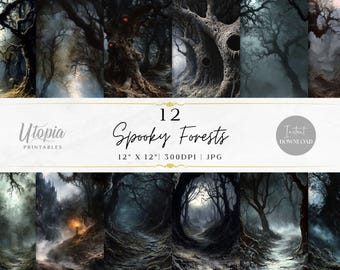 Spooky Forests Horror Scrapbook Paper | Dark Fantasy Art Halloween Woodland Creepy Scary Gothic | Digital Paper Pack | Printable Backgrounds