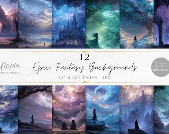 Epic Fantasy Backgrounds Scrapbook Paper | Fantasy Art Enchanted Landscapes Celestial Whimsical | Digital Paper Pack | Printable Backgrounds