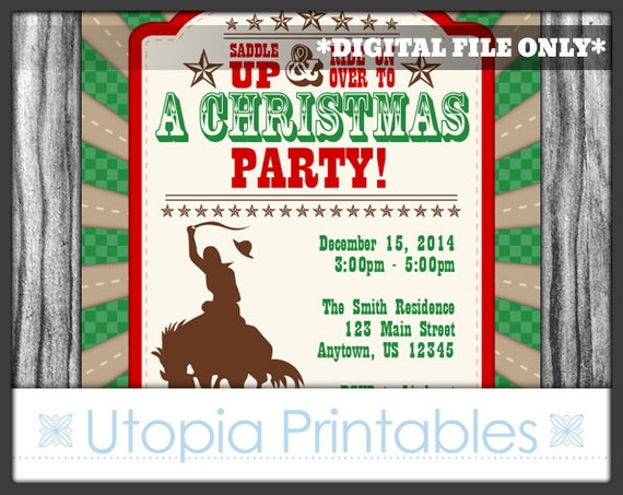 Cowboy Christmas Invitation Country Western Theme Holiday Xmas Etsy