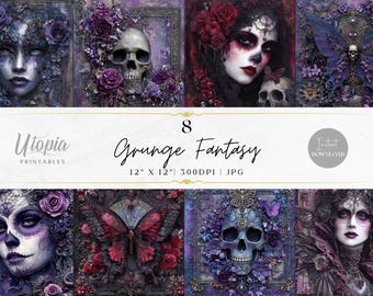 Grunge Fantasy Scrapbook Paper | Dark Gothic Goth Purple Black Red Skulls | Digital Paper Pack | Printable Backgrounds | Instant Download