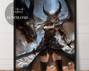 Elf and Dragon Anime Style Art | Anime Girl | Instant Download | Fantasy | Beautiful | Female Art | Printable | Downloadable | Digital