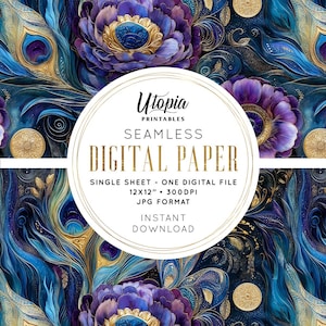 Puede incluir: Papel digital sin costuras con un diseño floral y de plumas de pavo real en tonos azules, morados y dorados. La imagen incluye el texto "Utopia Printables" y detalles sobre el archivo digital, formato JPG, de 30,48 cm x 30,48 cm.