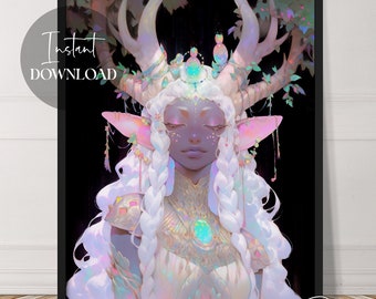 Opal Faun Elf Woman With Antlers | Fantasy Art | Instant Download | Whimsical | Beautiful | Female Art | Printable | Downloadable | Digital