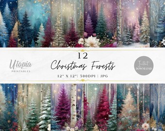 Christmas Forests Scrapbook Paper | Fantasy Art Magical Whimsical Trees Xmas Winter Landscape | Digital Paper Pack | Printable Backgrounds