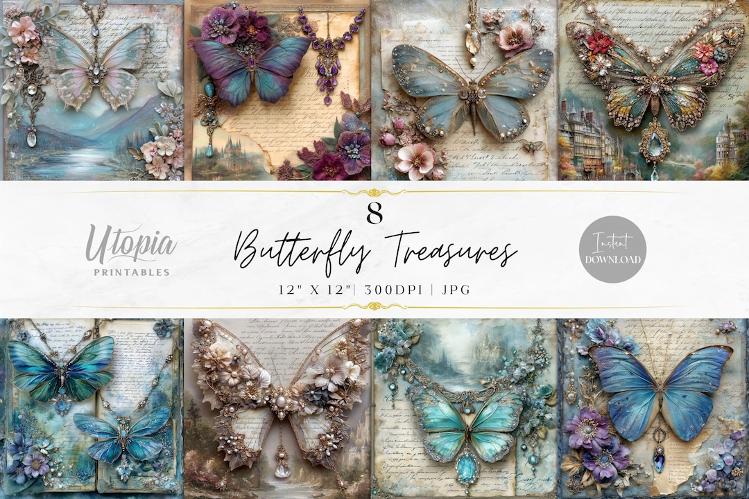 Butterfly Treasures Scrapbook Paper | Fantasy Butterflies Collage Junk ...