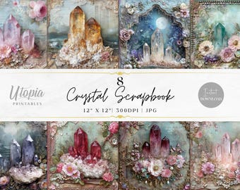Papel para álbumes de recortes de cristal / Collage vintage con flores caprichosas, fantasía, diario basura, magia y misticismo / Paquete de papel digital / Fondos imprimibles