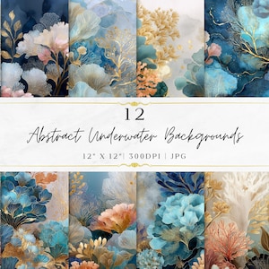 Sfondi astratti sottomarini, carta per scrapbooking / Acqua, mare, oceano, barriera corallina, blu e oro / Pacchetto di carta digitale / Sfondi stampabili