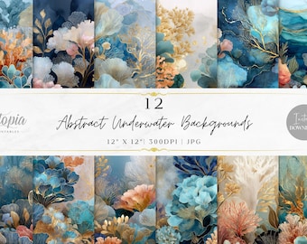 Abstract Underwater Backgrounds Scrapbook Paper | Water Aquatic Sea Ocean Coral Reef Blue Gold | Digital Paper Pack | Printable Backgrounds