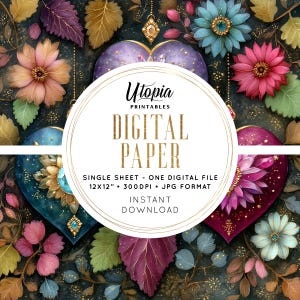 May include: Digital paper design featuring floral and heart motifs in shades of pink, blue, and purple. The design includes the text "Utopia Printables DIGITAL PAPER" and details about the digital file.