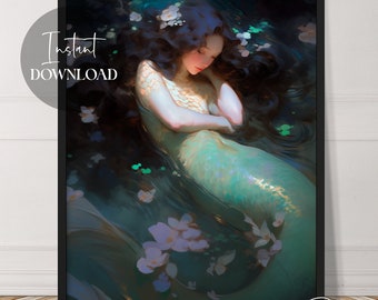 Resting Mermaid Fantasy Art | Instant Download | Whimsical | Beautiful | Female Art | Printable | Downloadable | Digital