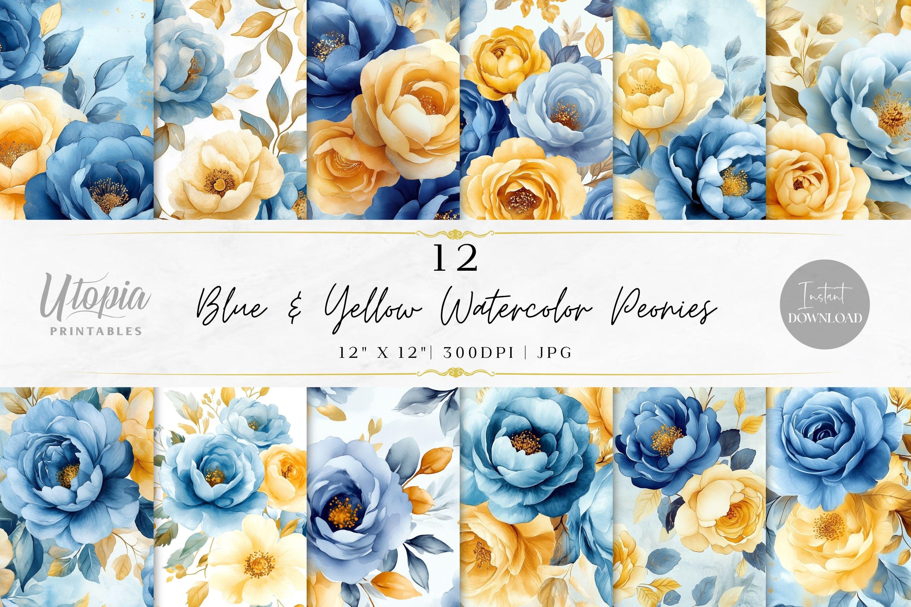 Blue Yellow Watercolor Peonies Scrapbook Paper | Flowers Floral Botanical | Digital Paper Pack | Printable Backgrounds | Instant Download