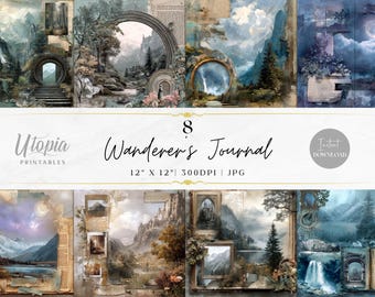 Wanderer's Journal Scrapbook Paper | Collage Fantasy Junk Journal Landscapes | Digital Paper Pack | Printable Backgrounds
