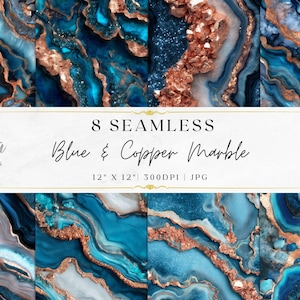 May include: Eight seamless digital papers featuring a blue and copper marble design. The papers are 12 x 12 inches and 300 DPI. The image includes the text "Blue & Copper Marble" and "Instant Download."