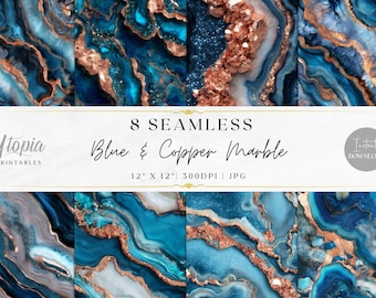 Seamless Patina Blue Copper Marble Patterns | Abstract Teal Aqua Turquoise Agate | Digital Paper | Printable Backgrounds