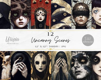 Kusliga scener scrapbookingpapper | Skräck, kusligt, mörk fantasy, goth, gotisk, surrealistiskt, konstigt | Digitalt papperspaket | Utskrivbara bakgrunder