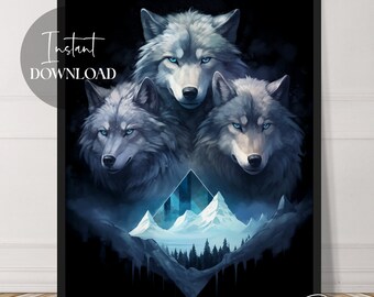 Three Wolves Pyramid Mountain Art | Wildlife Artwork | Instant Download | Boho | Mystical | Surreal | Printable | Downloadable | Digital