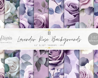 Lavender Watercolor Roses Scrapbook Paper | Flowers Floral Purple White Ivory | Digital Paper Pack | Printable Backgrounds Instant Download