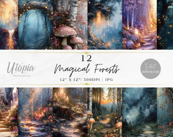 Magical Forest Backgrounds Fantasy Trees Woodland Scrapbook Paper | Digital Paper Pack | Printable Backgrounds | Instant Download | Craft