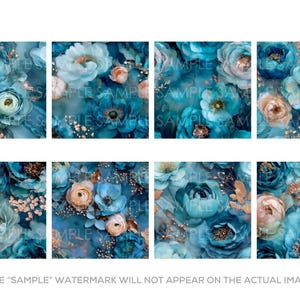 May include: Eight square images showcasing a floral pattern in shades of teal, blue, and peach. The design features various flowers with gold accents. The text "SAMPLE" is visible on each image. The watermark will not appear on the actual image.