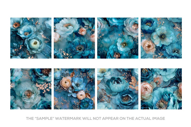 May include: Eight square images showcasing a floral pattern in shades of teal, blue, and peach. The design features various flowers with gold accents. The text "SAMPLE" is visible on each image. The watermark will not appear on the actual image.