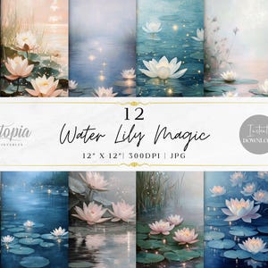 Papel Mágico para Scrapbook com Nenúfares | Nature Lily Pads, Lírios, Fantasia, Mágica, Pastel Aquático | Pacote de Papel Digital | Fundos Imprimíveis