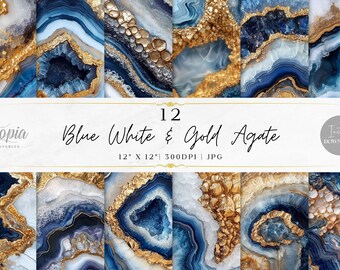 May include: Twelve digital paper designs featuring blue, white, and gold agate patterns. Each design is 12 inches by 12 inches and 300 DPI.