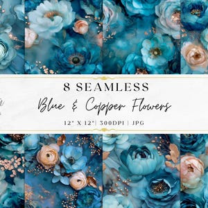 May include: Eight seamless digital papers featuring blue and copper floral designs. The image includes the text "8 Seamless Blue & Copper Flowers" and "12 x 12" 300DPI JPG". The Utopia Printables logo is also visible.
