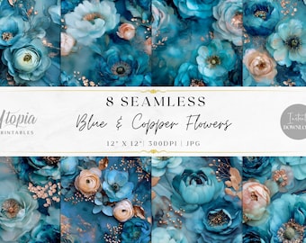 Seamless Patina Blue Copper Flower Patterns | Floral Teal Aqua Turquoise Rose Gold Marble Scrapbook | Digital Paper | Printable Backgrounds