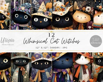 Könnte beinhalten: Ein digitaler Kunstdruck mit 12 skurrilen Katzenhexen, jede mit einzigartigen Hüten und Outfits. Die Katzen sind schwarz, orange und weiß, mit verschiedenen floralen und gemusterten Details. Der Text lautet "12 Whimsical Cat Witches" und "12" x 12" 300DPI JPG".