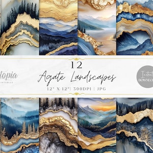 May include: A collection of 12 digital art prints featuring agate landscapes. The artwork showcases mountain scenes with blue, gold, and white color palettes. The prints are 12 x 12 inches and 300 DPI. The text "Utopia Printables" and "Instant Download" are visible.