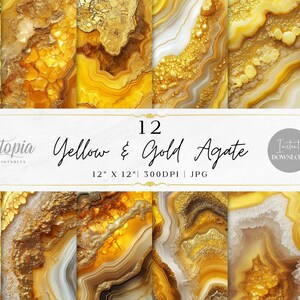 Peut inclure: Douze papiers numériques avec des motifs d'agate jaune et or. Chaque motif mesure 30,48 cm sur 30,48 cm et 300 DPI. Les papiers sont au format JPG.