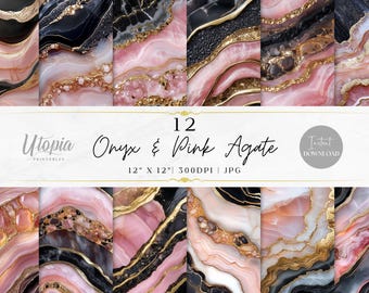 Onyx Pink Agate Scrapbook Paper | Stone Mineral Texture Gold Black Marble | Digital Paper Pack | Printable Backgrounds | Instant Download