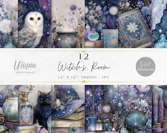 May include: Digital art print with 12 Witch's Room designs. The artwork depicts a mystical theme with an owl, a black cat, and magical objects in blue, purple, and white. The text "Utopia Printables" and "12 Witch's Room" are visible.