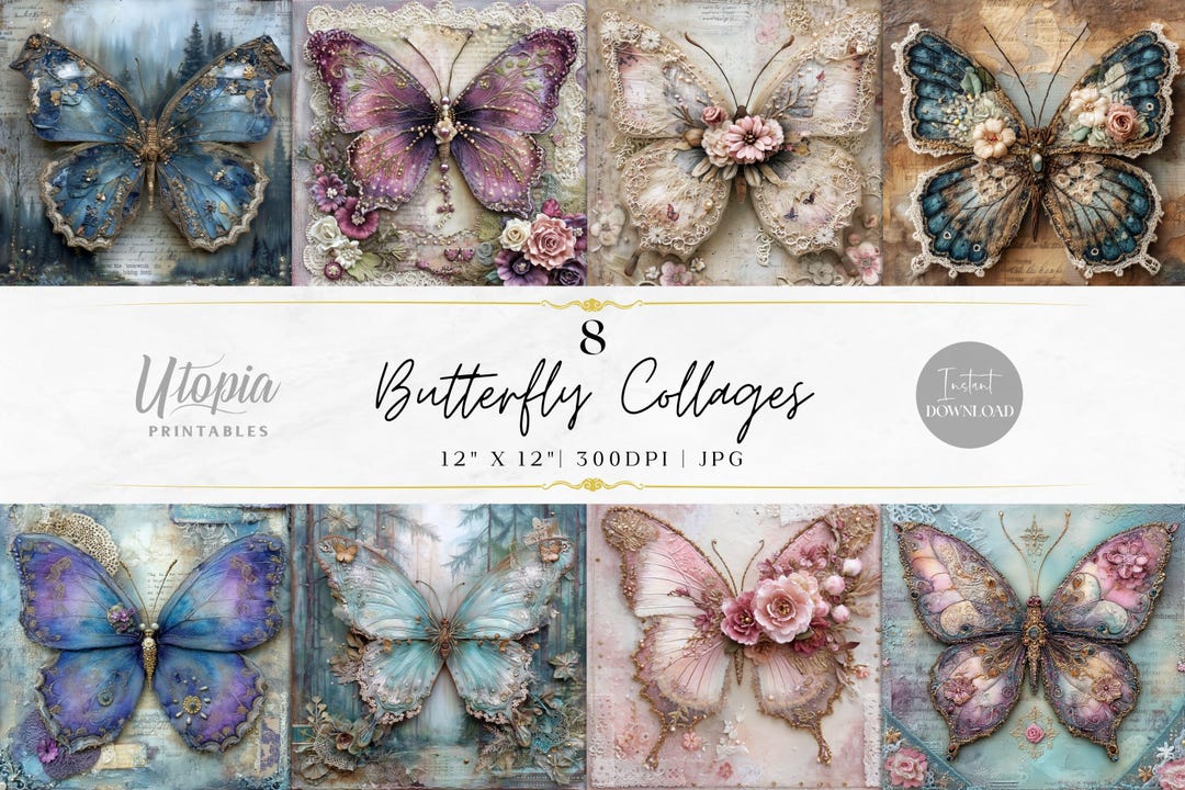 Butterfly Collage Scrapbook Paper | Vintage Whimsical Flowers Floral ...