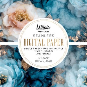 May include: Digital paper with a floral design in shades of blue, teal, and peach, with gold accents. The text on the image reads "Utopia Printables, Seamless Digital Paper, 12x12 inch, JPG format, Instant Download."