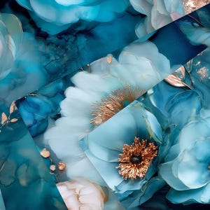 May include: Abstract floral design featuring large, stylized flowers in shades of teal, turquoise, and cream, with gold accents. The composition is a close-up, showcasing the intricate details and textures of the petals. The overall theme is elegant and artistic.