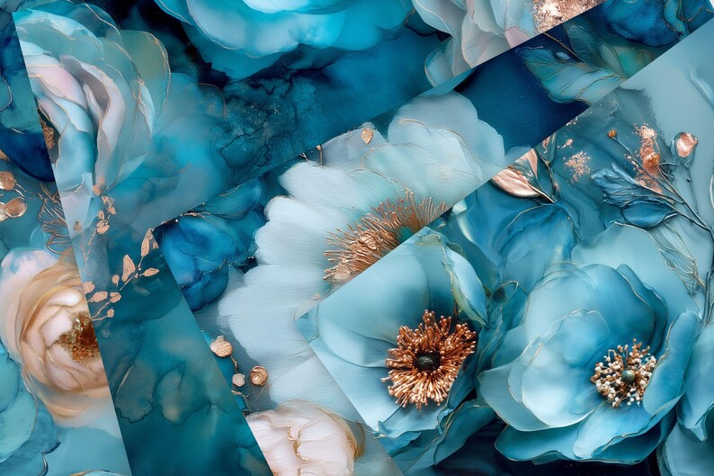 May include: Abstract floral design featuring large, stylized flowers in shades of teal, turquoise, and cream, with gold accents. The composition is a close-up, showcasing the intricate details and textures of the petals. The overall theme is elegant and artistic.