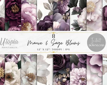 Mauve & Sage Blooms Purple Lavender Flowers Floral Scrapbook Paper | Digital Paper Pack | Printable Backgrounds | Instant Download | Craft