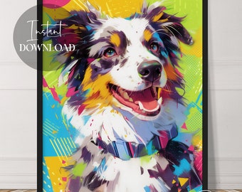 Australian Shepherd 80s Style Abstract Aussie Portrait | Instant Download | Dog Art | Cute | Animals | Printable | Downloadable | Digital