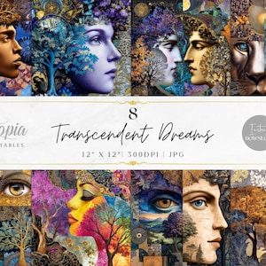 May include: A digital art print featuring eight panels with surreal portraits and nature-inspired elements. The artwork includes faces, trees, and vibrant colors. The text reads "8 Transcendent Dreams" and "12" x 12" 300DPI | JPG".