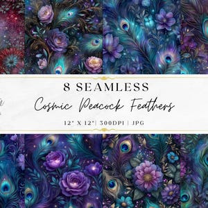 Könnte beinhalten: Acht nahtlose digitale Papiere mit einem kosmischen Design aus Pfauenfedern und Blumen in Lila, Türkis und Blau. Der Text lautet "8 Seamless Cosmic Peacock Feathers 12" x 12" 300DPI | JPG" mit einem "Instant Download"-Abzeichen.