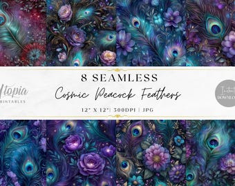 Seamless Cosmic Peacock Feathers Patterns | Flowers Fantasy Blue Purple Teal Celestial Stars | Digital Paper Pack | Printable Backgrounds
