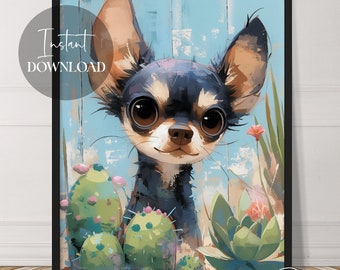 Chihuahua Succulents Cacti Dog Artwork | Instant Download | Dog Art | Cute | Animals | Printable | Downloadable | Digital