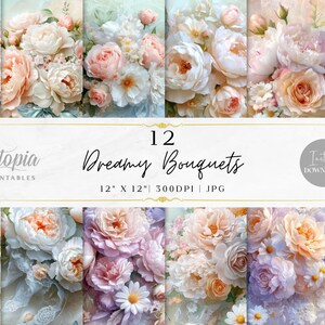 Dreamy Bouquets Scrapbook Paper | Pastel Flowers Floral Butterflies | Digital Paper Pack | Printable Backgrounds | Instant Download